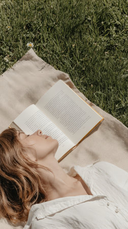 Young caucasian female relaxing on blanket with open book in sunny grass field.の素材