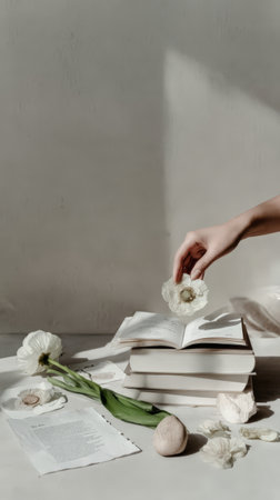 Delicate hand with flower on books in serene minimalist setting.の素材