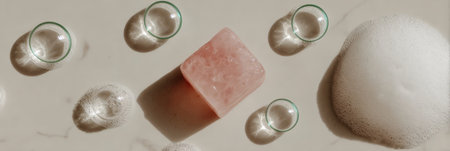 Pink soap with glasses and bubbles on marble surface.の素材