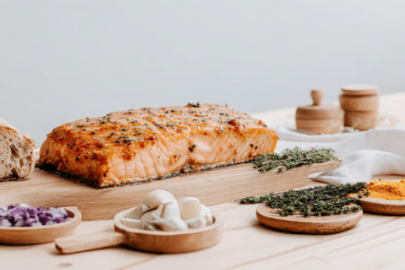 Savory herb-crusted salmon with garlic and fresh thyme on rustic wooden platter.の素材