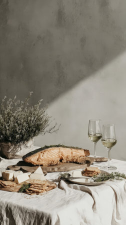 Elegant table setting with salmon fillet, cheese, crackers, and white wine.の素材