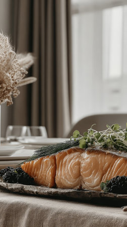 Gourmet meal with fresh salmon fillet and greens in elegant dining setting.の素材