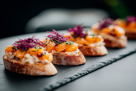 Gourmet bruschetta with peach and purple microgreens on artisan bread.の素材