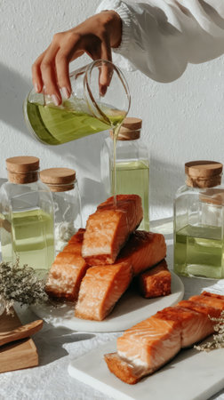 Hand pouring olive oil over grilled salmon surrounded by bottles.の素材