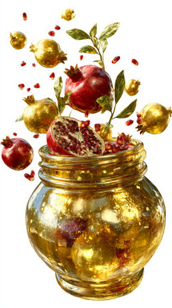 Vibrant pomegranates and golden jar with floating seeds and leaves.の素材