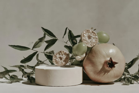 Artistic arrangement of pomegranate and bael fruit with greenery.の素材