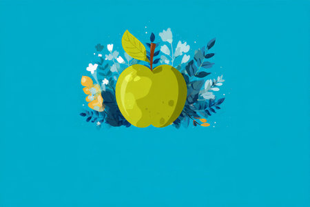 Vibrant yellow apple with floral background on blue canvas.の素材