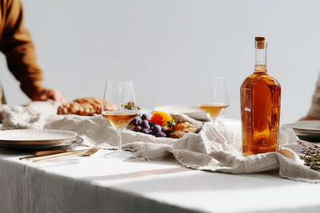 Elegant dining table with wine bottle and glasses on linen tablecloth.の素材