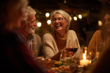Mature caucasian adults enjoying an evening gathering with wine and candlelight.の素材