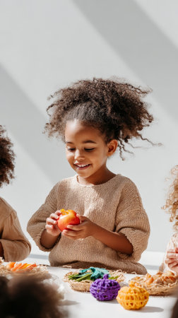 Happy african child enjoying apple in sunlit room with toys and friends.の素材