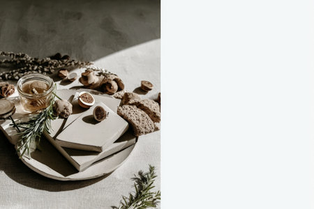 Rustic still life with cheese, nuts, honey, and rosemary on sunlit table.の素材