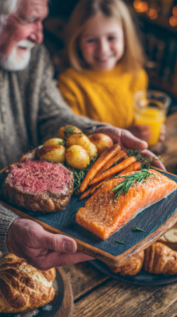 Elderly caucasian male serving gourmet meal with salmon, beef, and vegetables to young caucasian female.の素材