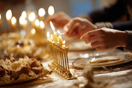 Hands lighting candles on hanukkah menorah at festive dinner table with traditional foods.の素材