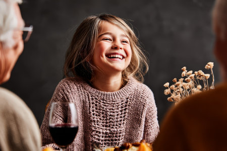 Happy caucasian young girl laughing at family dinner with mature adults.の素材