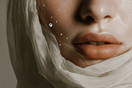 Close-up of female's face with shimmering skin and veil.の素材