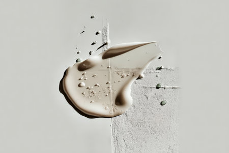 Abstract beige paint splash on textured surface with green drops.の素材