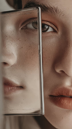 Close-up of young female with mirror reflection emphasizing warm makeup and natural beauty.の素材
