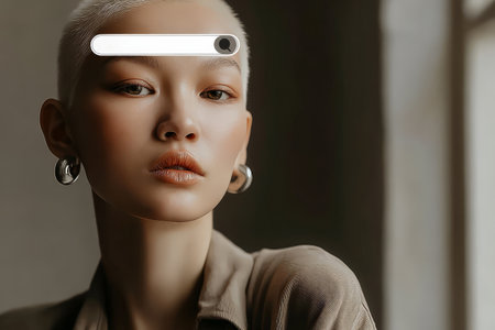 Young asian female with platinum hair and hoop earrings in thoughtful pose.の素材