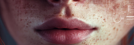 Close-up of freckled lips with digital interface overlay.の素材
