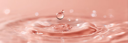 Tranquil droplet falling into rippling water on soft pink background.の素材