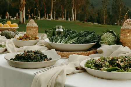 Rustic outdoor dining table with fresh green salads and vegetables.の素材