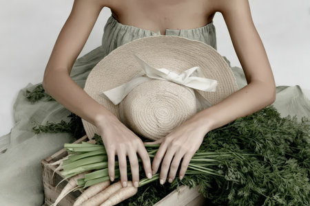 Female with straw hat and fresh carrots in rustic setting.の素材