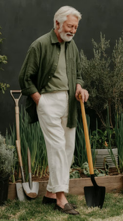 Elderly caucasian male gardening with tools in lush backyard setting.の素材