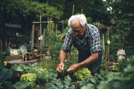 Elderly caucasian male gardening in lush vegetable patch.の素材