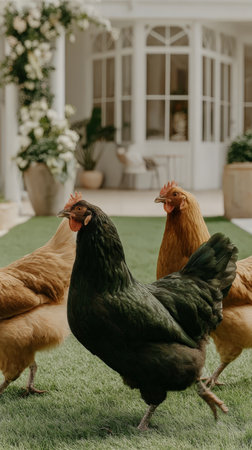 Chickens roaming on lawn in front of elegant house with garden decor.の素材