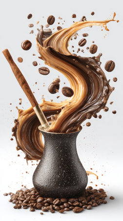 Dynamic coffee splash with traditional cup and coffee beans on clean background.の素材