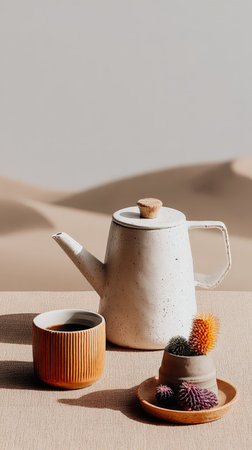 Ceramic teapot and cup with succulents on desert background.の素材