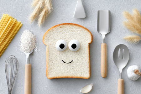 Happy bread slice with kitchen utensils and ingredients on gray background.の素材