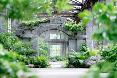 Lush greenery inside abandoned industrial building with stone arch.の素材