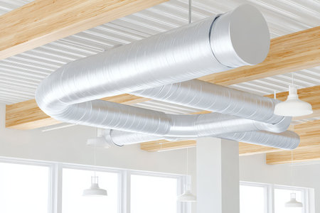 Modern industrial interior with exposed ductwork and wooden ceiling beams.の素材