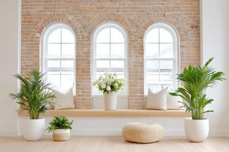 Bright minimalist interior with plants and brick accent wall.の素材