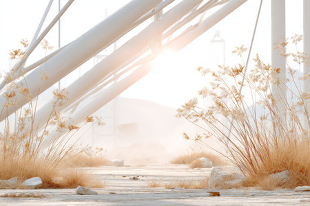 Gentle sunlight on architectural structure with grasses in tranquil scene.の素材