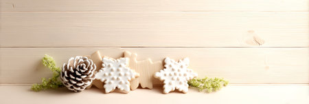 Festive snowflake cookies with pinecone and greenery on wooden background.の素材