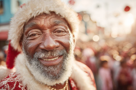 Elderly african male in santa costume at festive street celebration.の素材