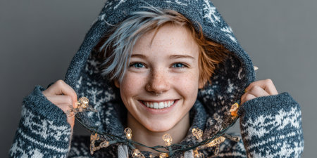 Smiling young caucasian female with freckles holding holiday lights.の素材