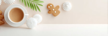 Coffee cup with gingerbread cookie and meringues on light background.の素材