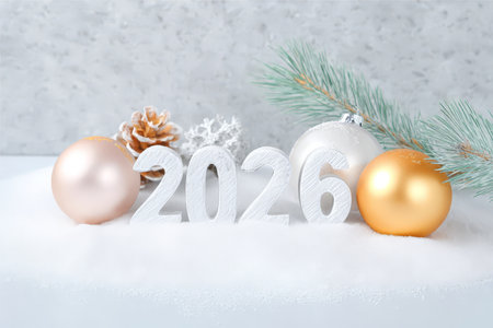 Festive 2026 new year scene with snow, ornaments, and pinecones.の素材