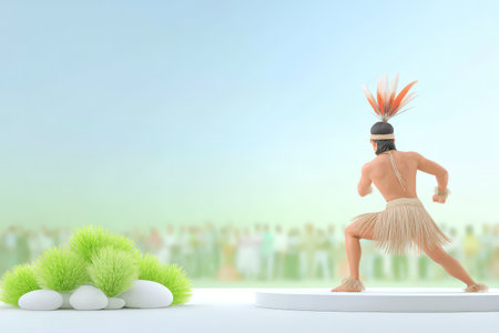 Indigenous male dancer in traditional costume performing on outdoor stage with grass and stones.の素材