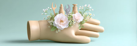Floral adorned hand mannequin with eco-friendly cosmetic bottles on pastel background.の素材