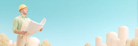 Caucasian male architect holding blueprint outdoors in modern urban setting.の素材