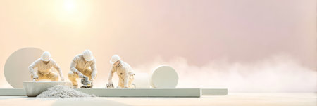 Caucasian male construction workers on minimalist site at sunrise.の素材