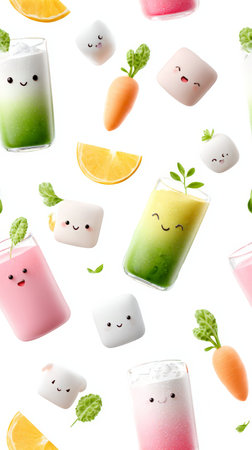 Seamless pattern of happy drinks and veggies, juice faces create playful rhythm, juice harmony, juice brightness, juice vibe for children s designs.の素材
