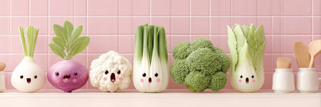 Smiling vegetables lined up in kitchen with pink tile wall, vegetables show charm and cheer, vegetables styled with pastel mood, vegetables perfect for kid-friendly media.の素材