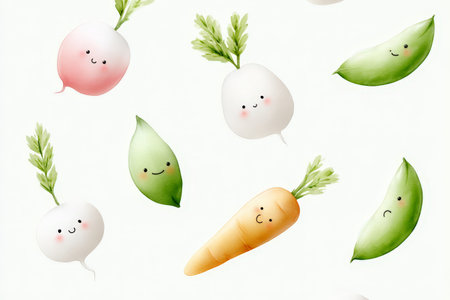 Cute carrots, peas and radishes beam on white backdrop, carrot charm draws viewer in, carrot vibe enriches minimal scene, carrot smiles build playful story.の素材