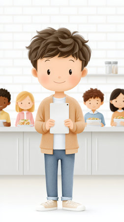 Diverse kids in cafeteria line with tablets.の素材