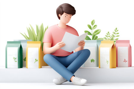 Young male reading among colorful plant packages.の素材